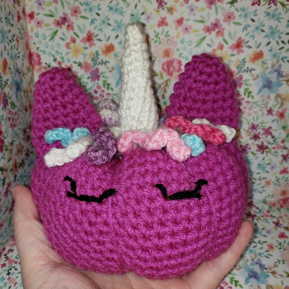 🦄 Handmade Crochet Unicorn Pumpkin - Picture 3 of 5